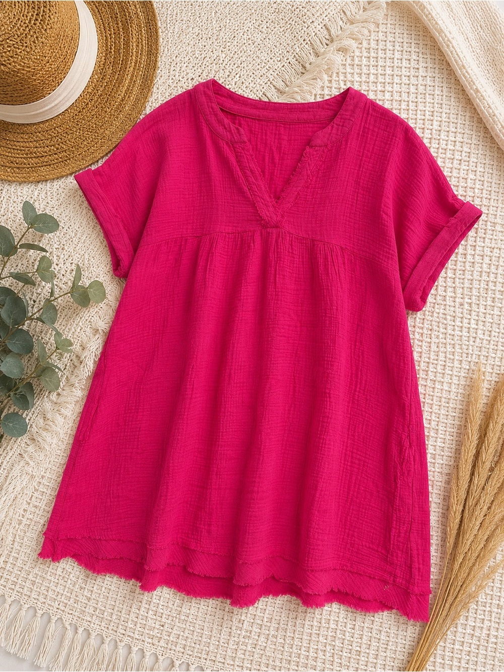 Zenana Magenta Short Sleeve Boho Oversized Dress or Swim Cover up